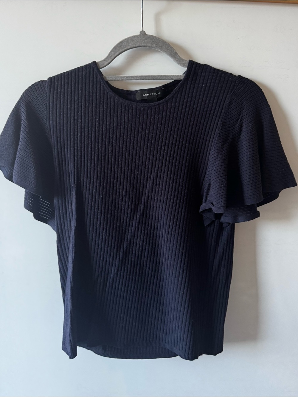Ann Taylor Navy Ribbed Flutter-Sleeve Tee
